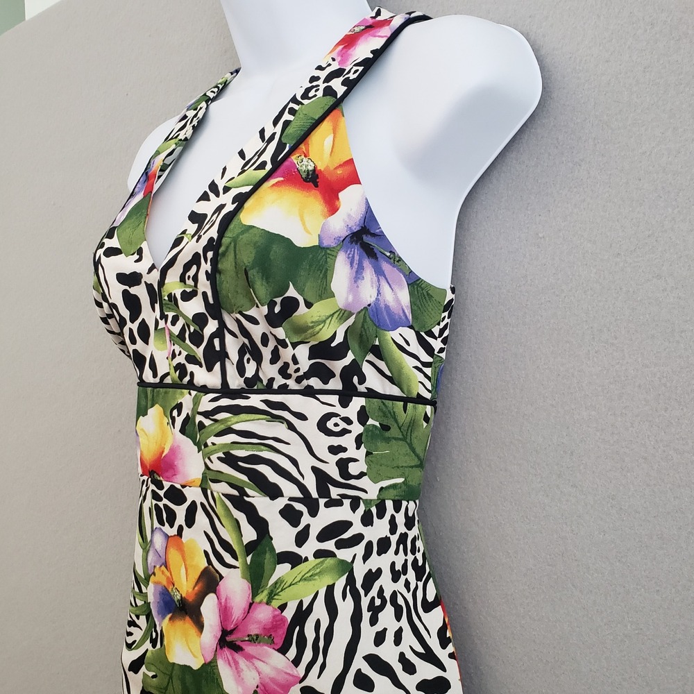 Madison Women Size 4 Tropical Floral Animal Print Sheath Dress V-Neck Cotton Mix - Picture 13 of 15